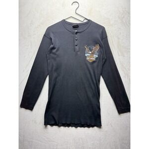 VTG 90s Harley Davidson Ribbed Henley Shirt Men's XL Black Gerencers Elkhart IN